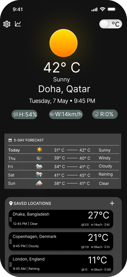 Weather App mobile home screen in dark mode